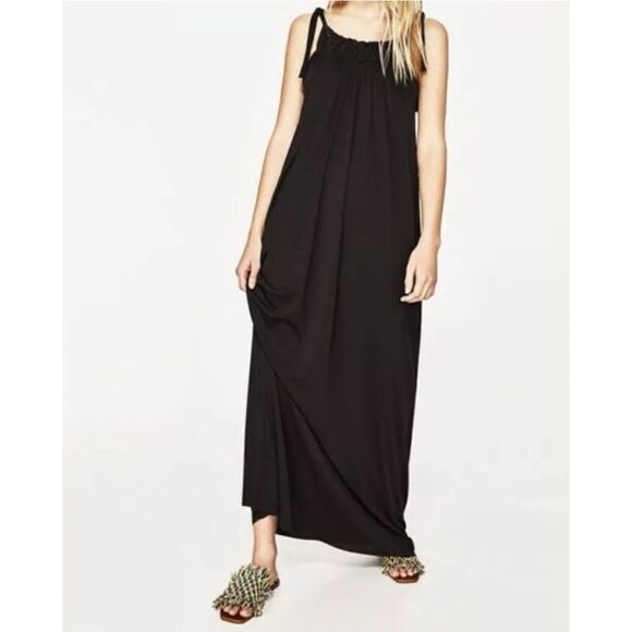 Zara Woman Basic Collection Black Shoulder Tie Flowy Maxi Dress, Size Medium - Picture 3 of 9